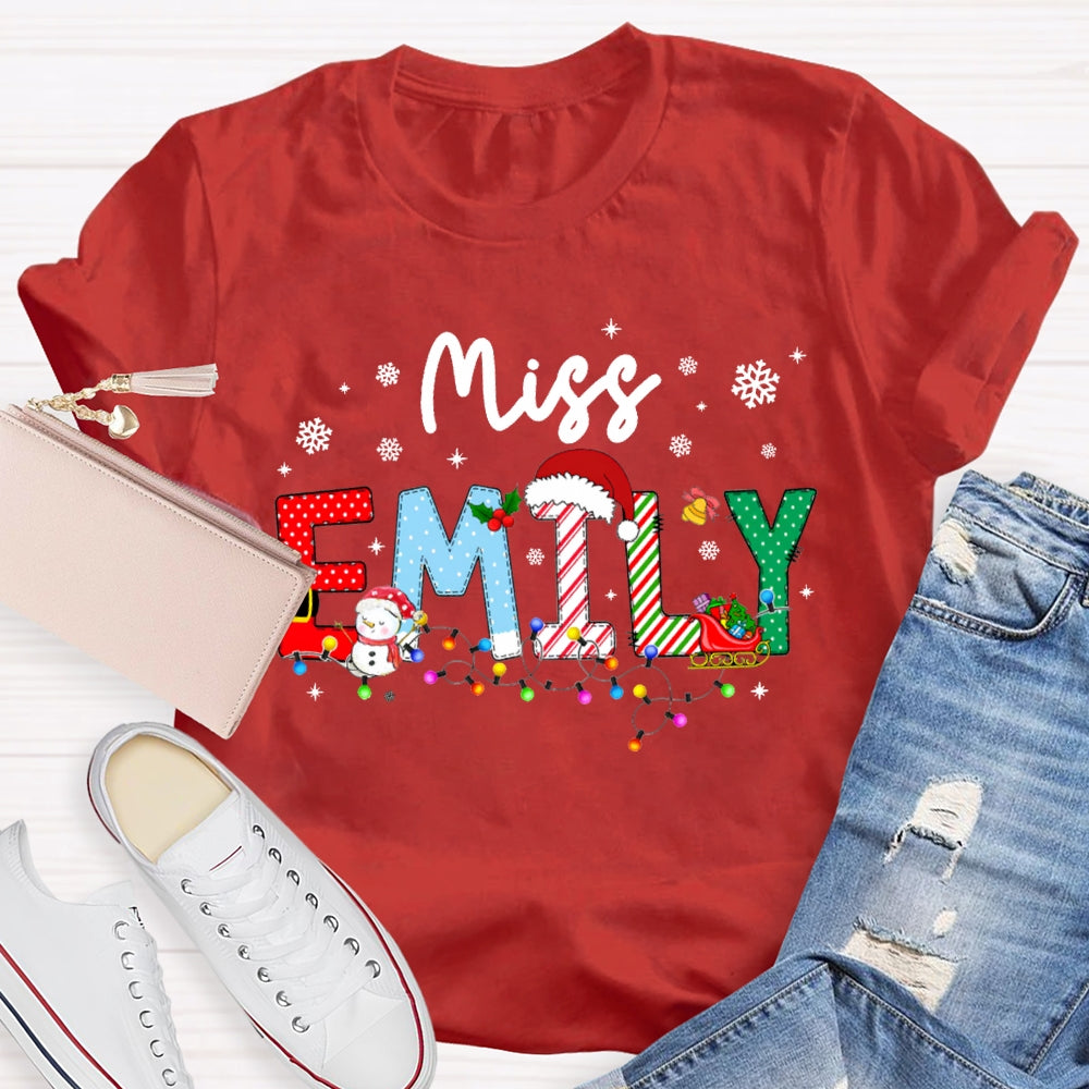 Personalized Name Christmas Lights And Snowflakes Christmas Teacher T-shirt