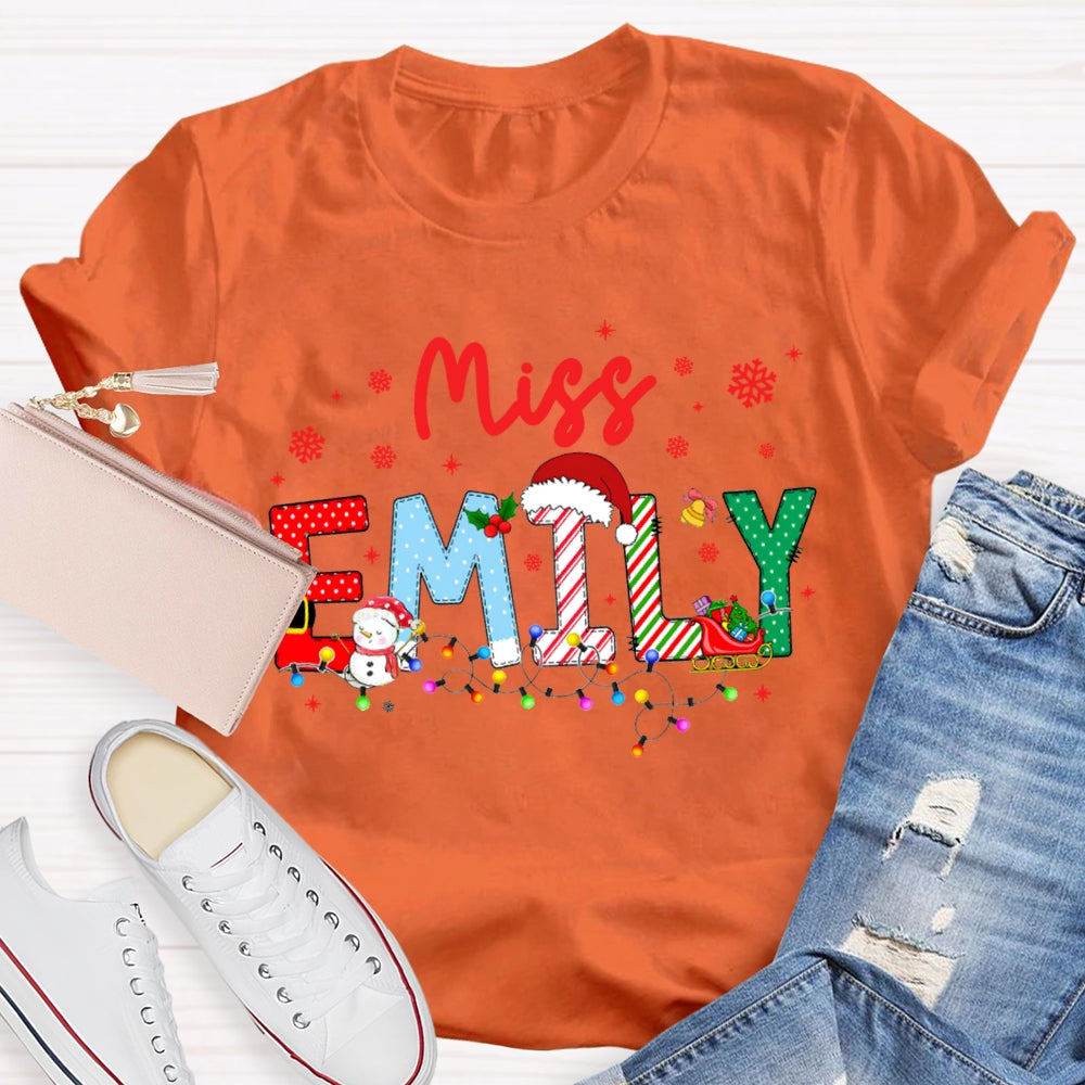 Personalized Name Christmas Lights And Snowflakes Christmas Teacher T-shirt