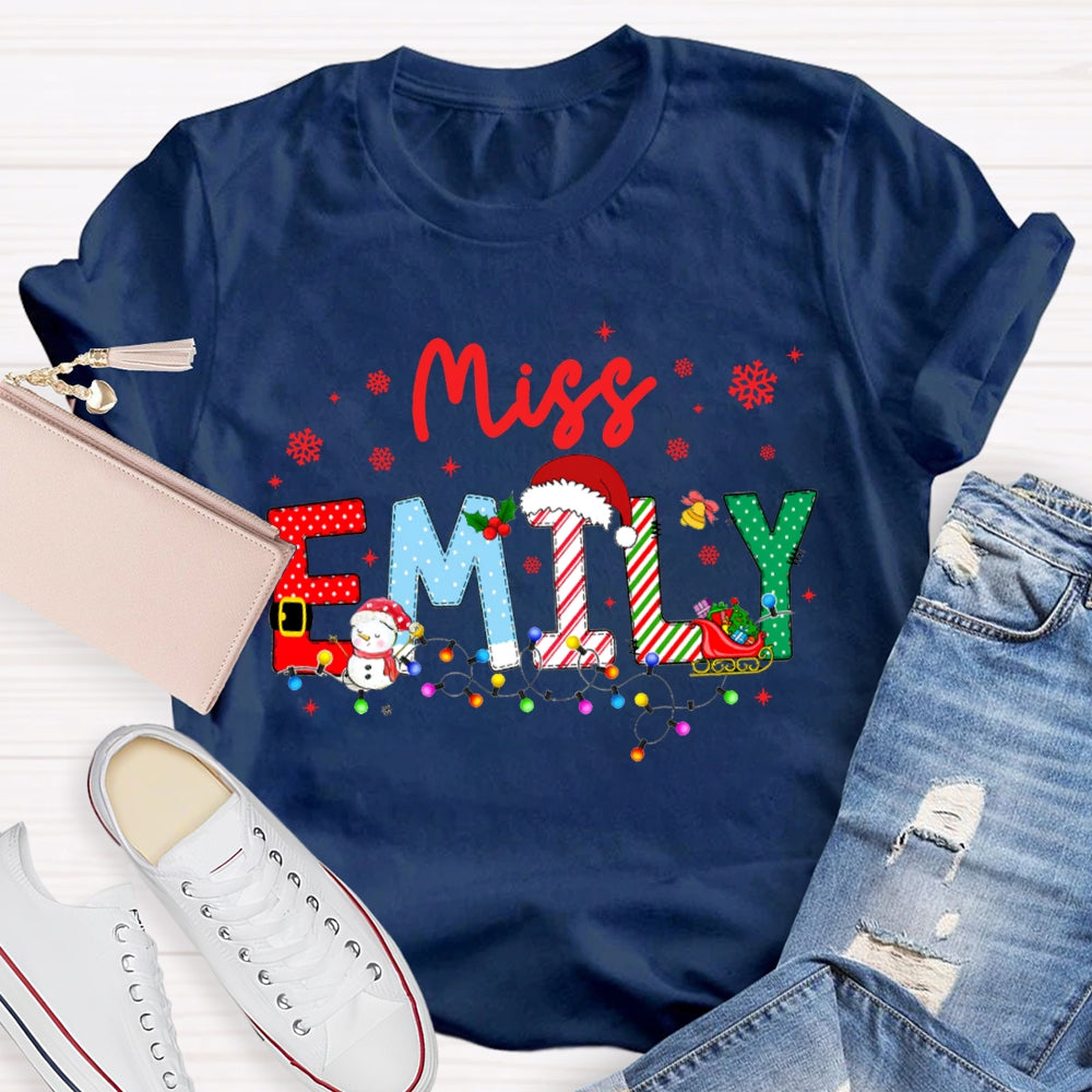 Personalized Name Christmas Lights And Snowflakes Christmas Teacher T-shirt