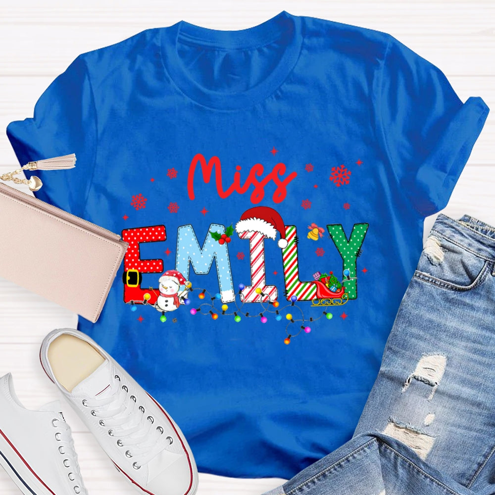 Personalized Name Christmas Lights And Snowflakes Christmas Teacher T-shirt