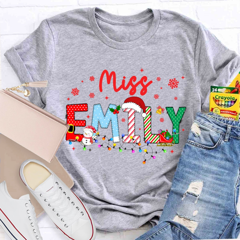 Personalized Name Christmas Lights And Snowflakes Christmas Teacher T-shirt