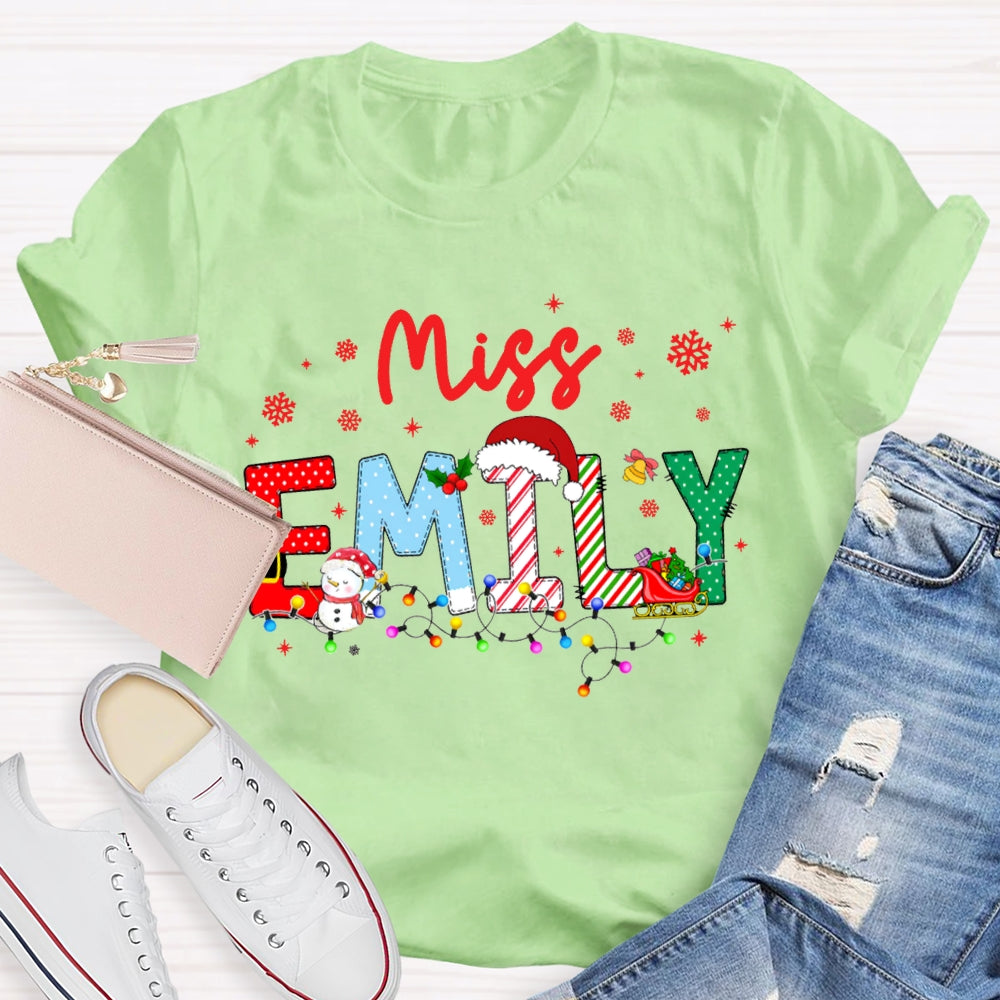 Personalized Name Christmas Lights And Snowflakes Christmas Teacher T-shirt