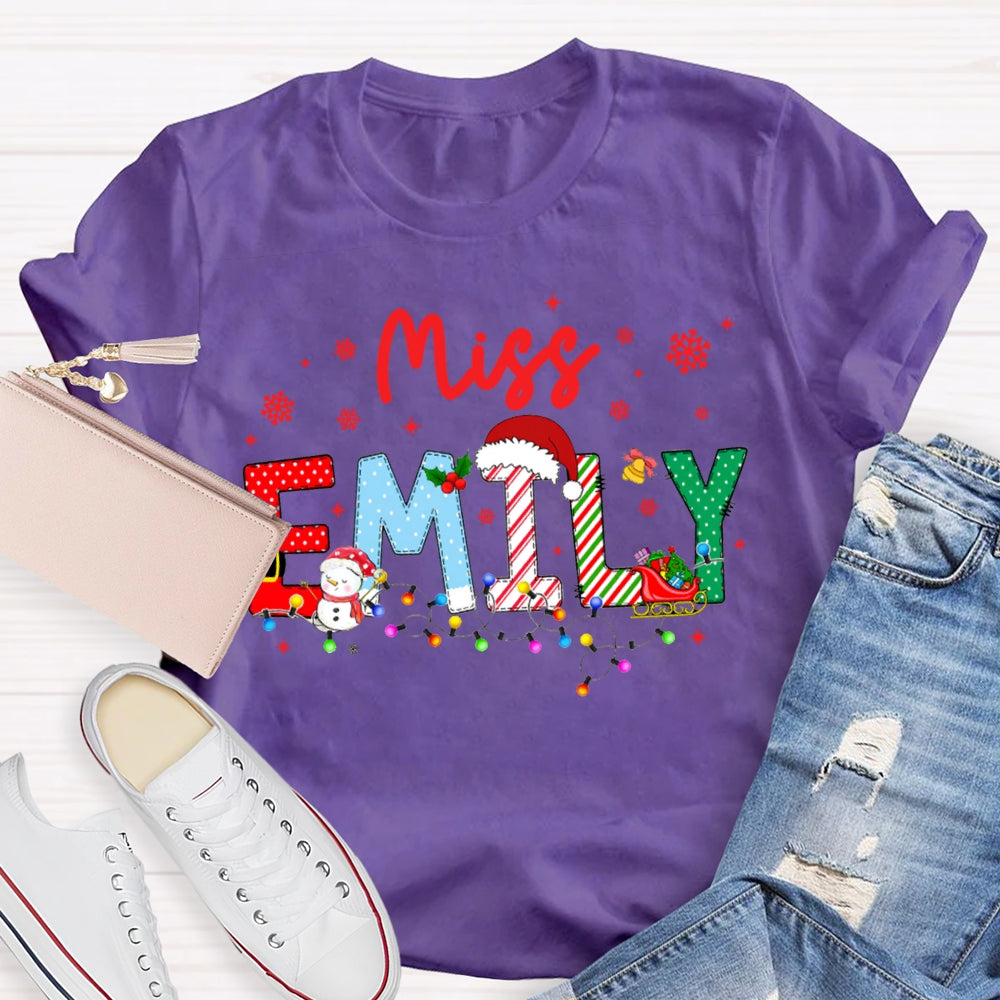 Personalized Name Christmas Lights And Snowflakes Christmas Teacher T-shirt