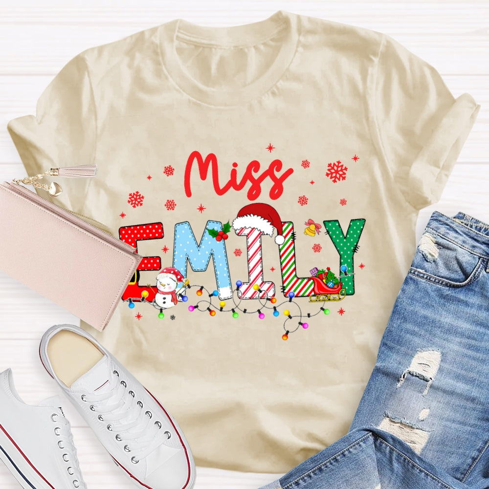 Personalized Name Christmas Lights And Snowflakes Christmas Teacher T-shirt