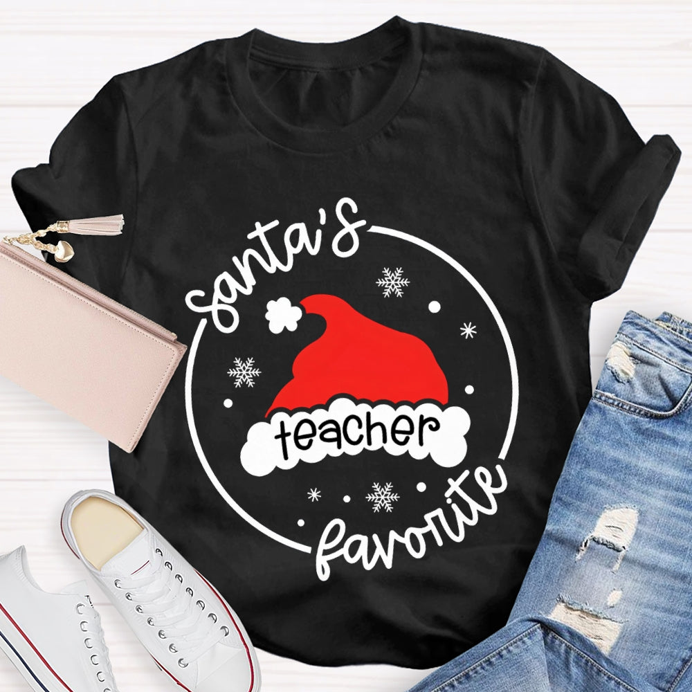 Santa'S Favorite Teacher Santa Hat And Snowflakes T-shirt