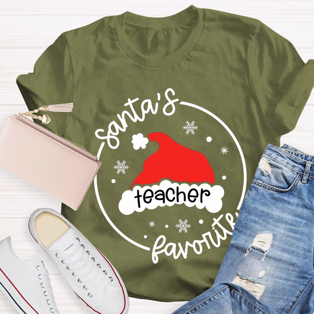Santa'S Favorite Teacher Santa Hat And Snowflakes T-shirt