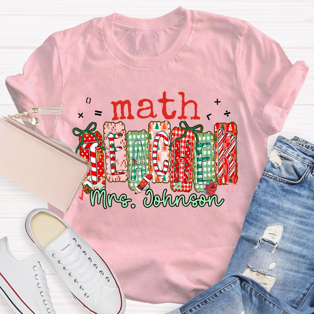 Personalized Name Math Teacher Colorful Christmas Block Font Christmas T-shirt