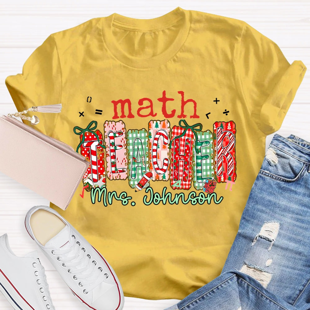 Personalized Name Math Teacher Colorful Christmas Block Font Christmas T-shirt