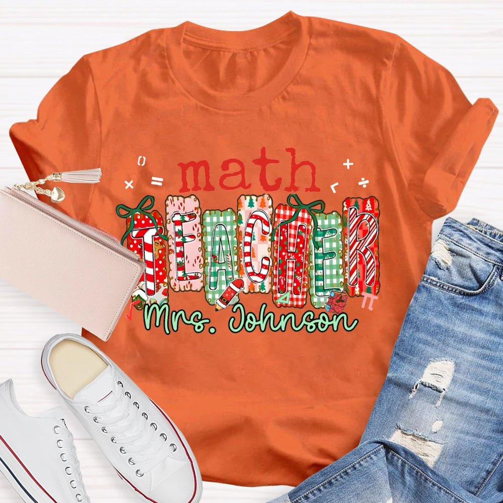 Personalized Name Math Teacher Colorful Christmas Block Font Christmas T-shirt