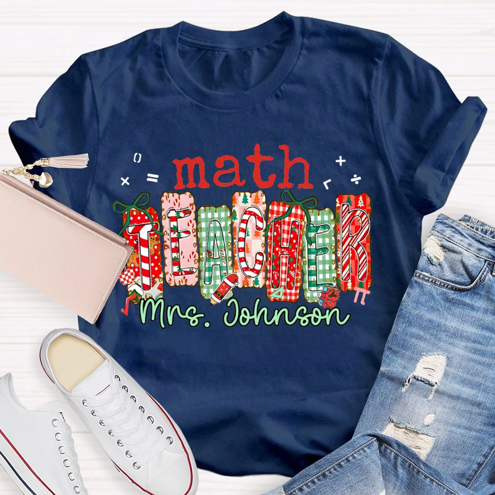 Personalized Name Math Teacher Colorful Christmas Block Font Christmas T-shirt