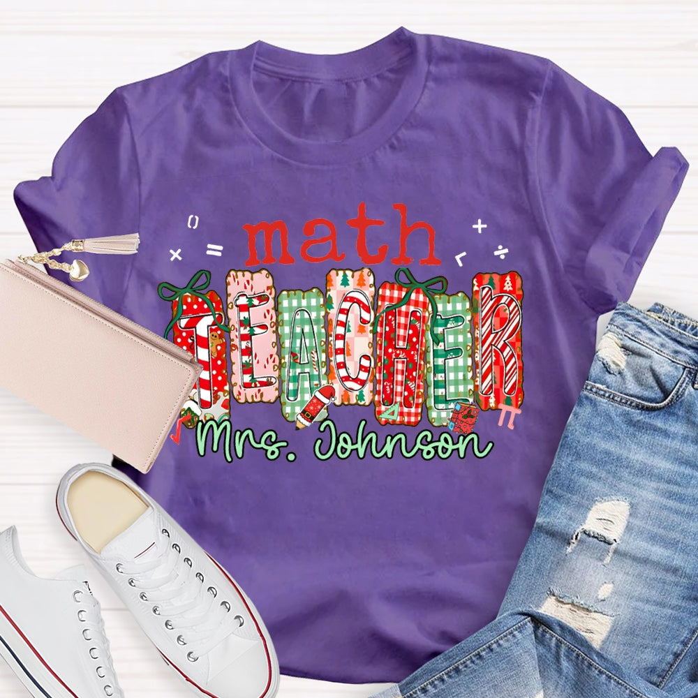 Personalized Name Math Teacher Colorful Christmas Block Font Christmas T-shirt