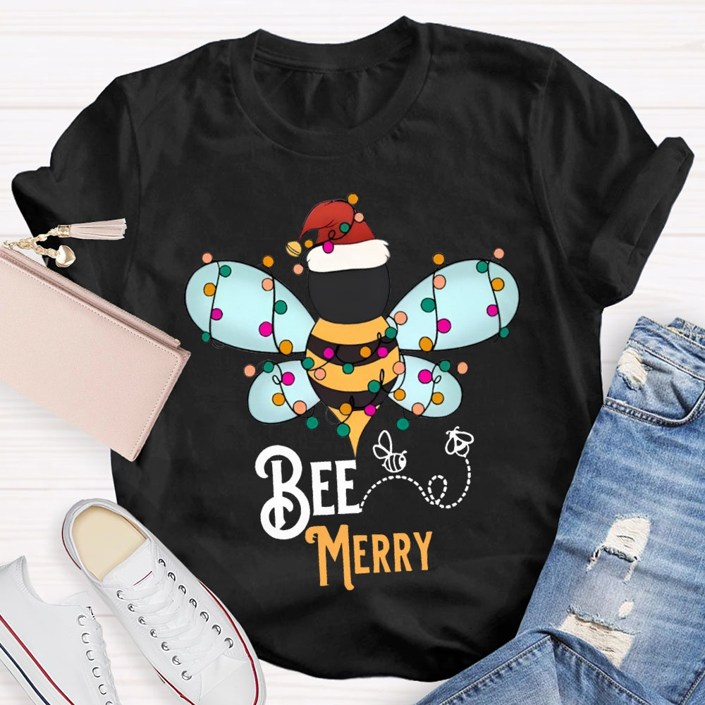 Bee Merry Santa Hats And Christmas Lights T-shirt