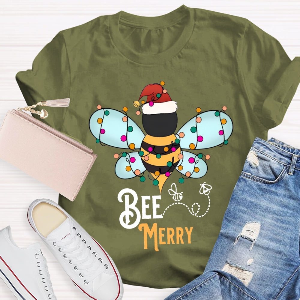 Bee Merry Santa Hats And Christmas Lights T-shirt