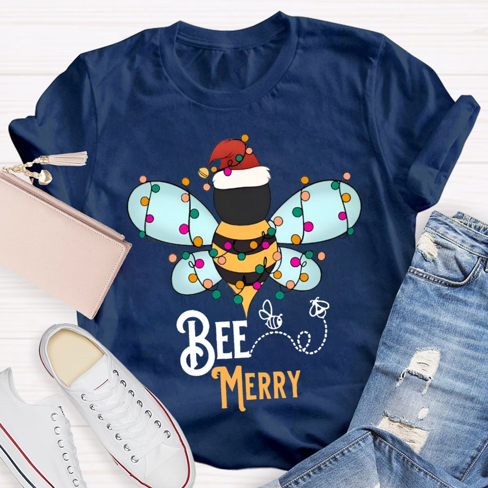 Bee Merry Santa Hats And Christmas Lights T-shirt