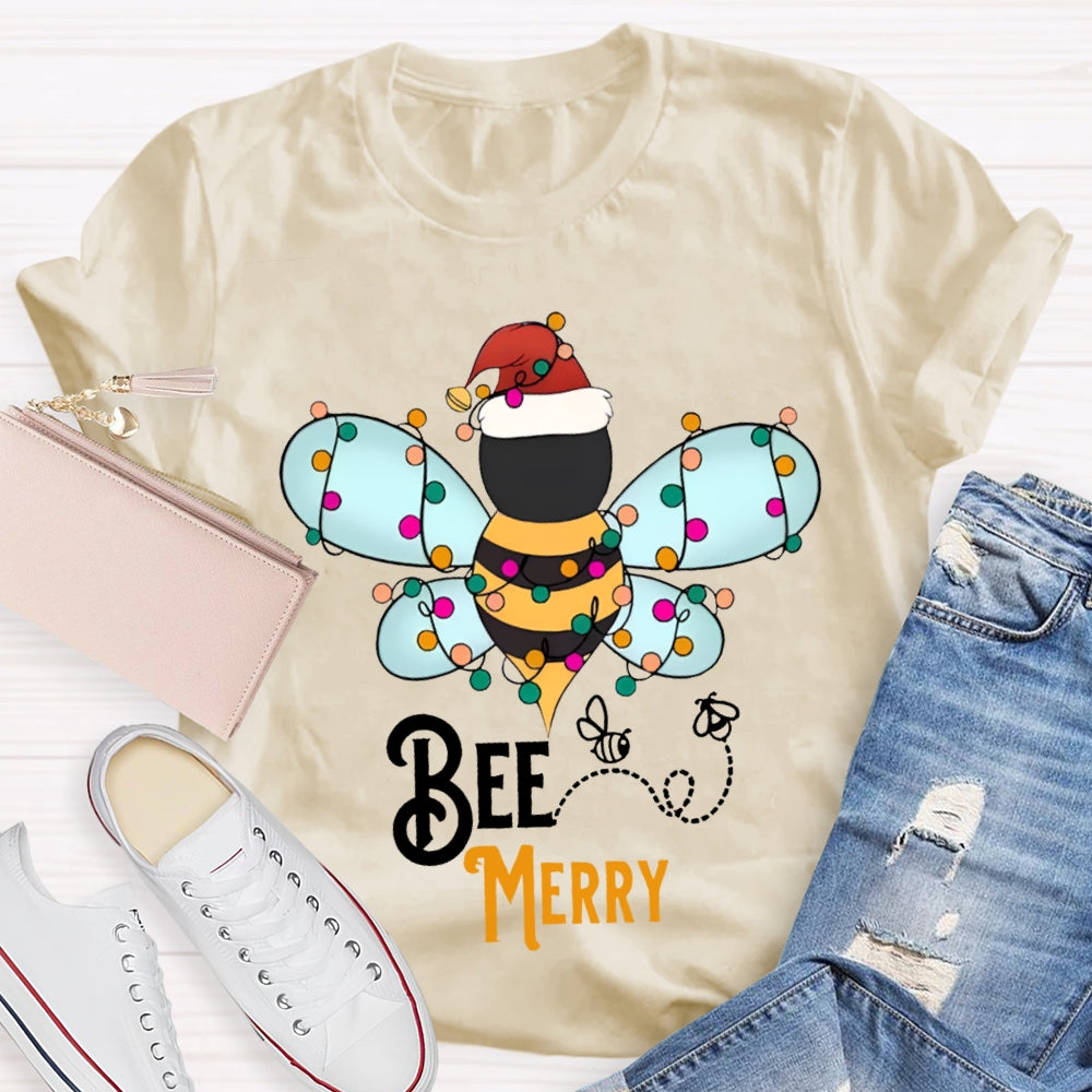 Bee Merry Santa Hats And Christmas Lights T-shirt