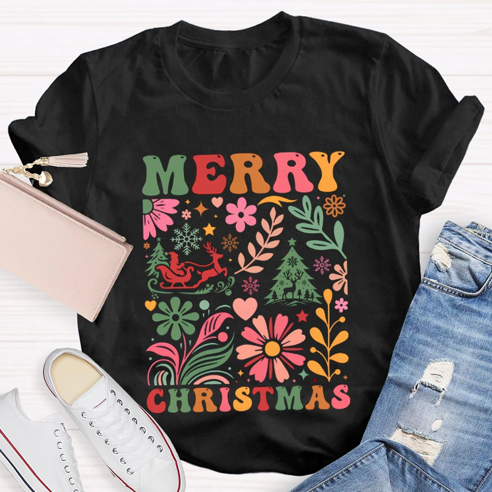Merry Christmas Colorful Flowers And Christmas Trees T-shirt