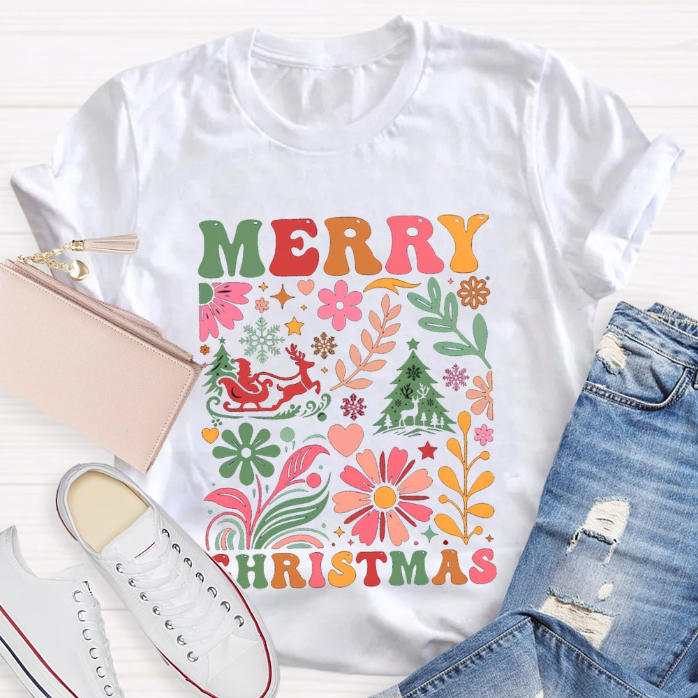 Merry Christmas Colorful Flowers And Christmas Trees T-shirt