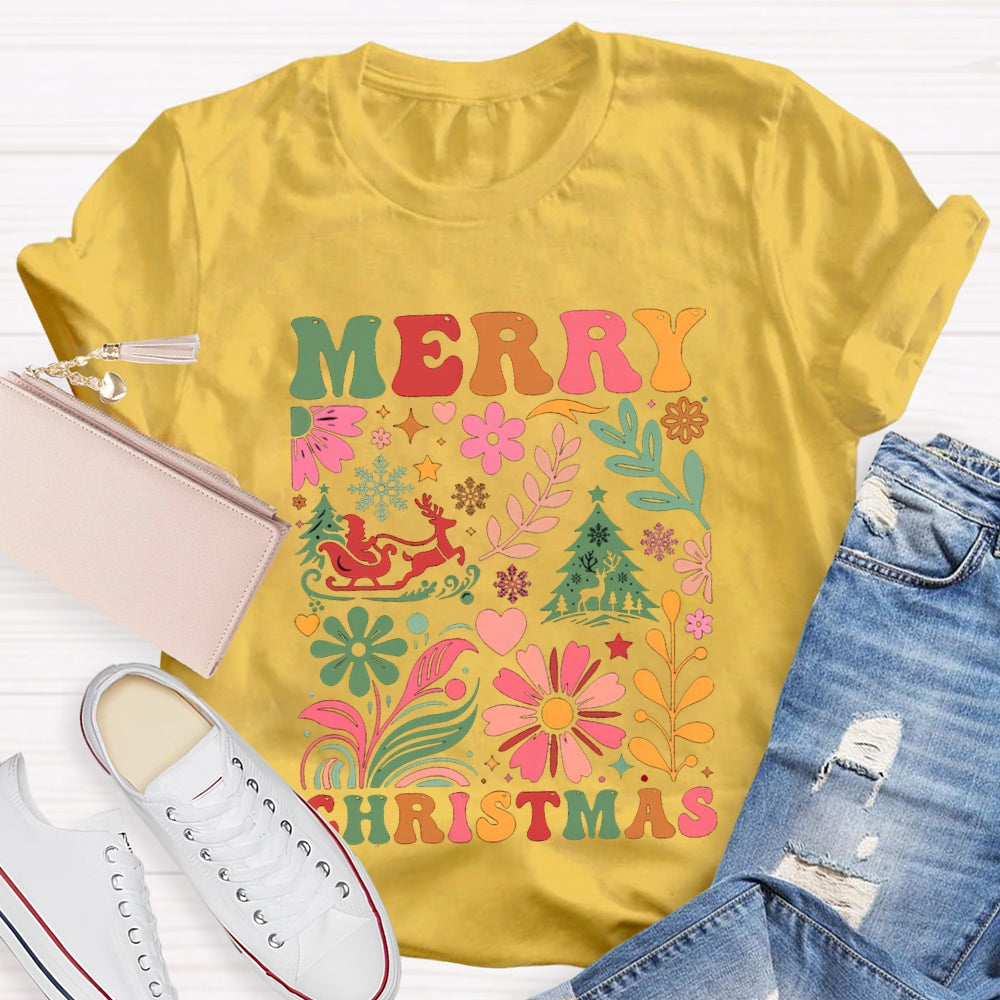 Merry Christmas Colorful Flowers And Christmas Trees T-shirt