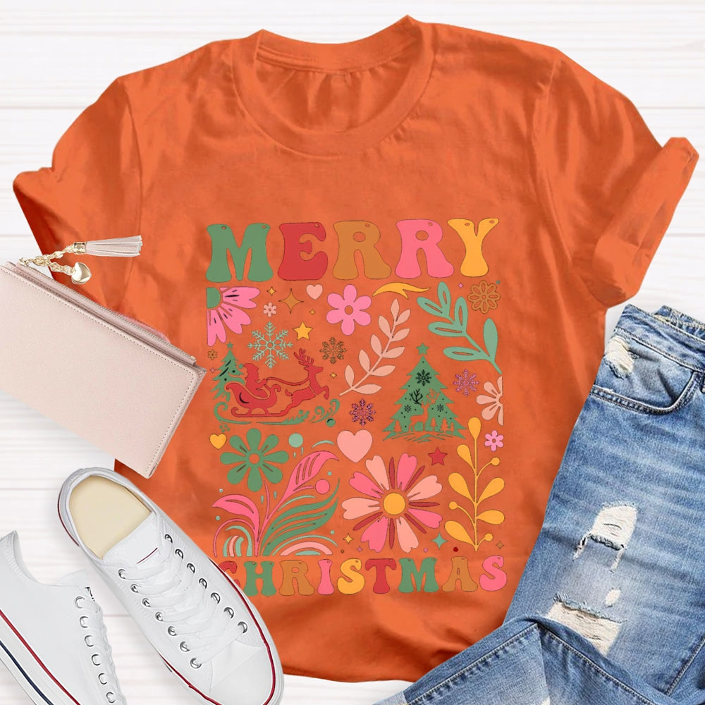 Merry Christmas Colorful Flowers And Christmas Trees T-shirt