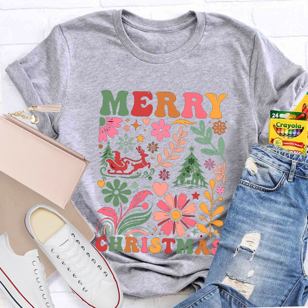 Merry Christmas Colorful Flowers And Christmas Trees T-shirt