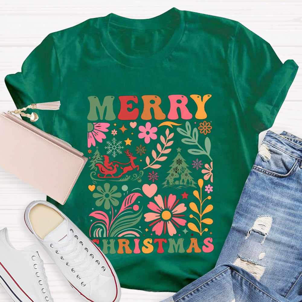 Merry Christmas Colorful Flowers And Christmas Trees T-shirt