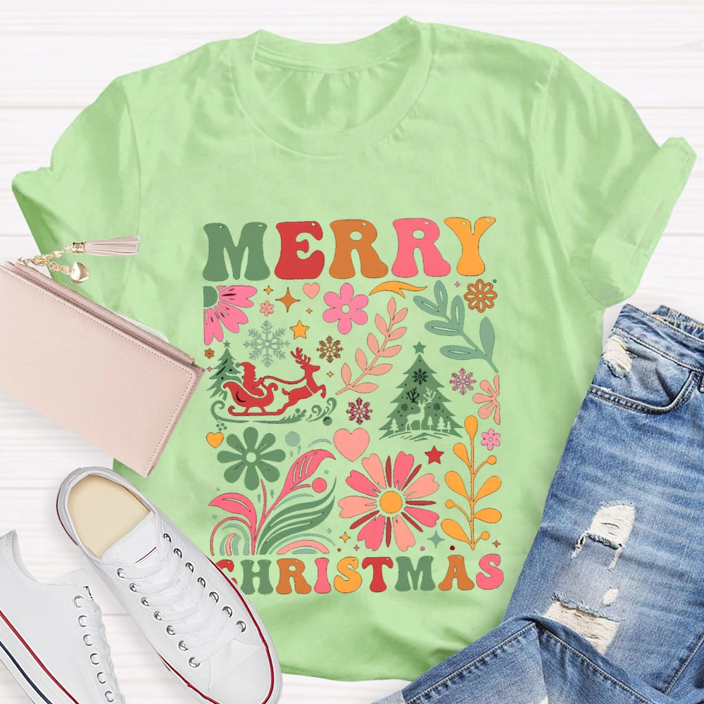 Merry Christmas Colorful Flowers And Christmas Trees T-shirt