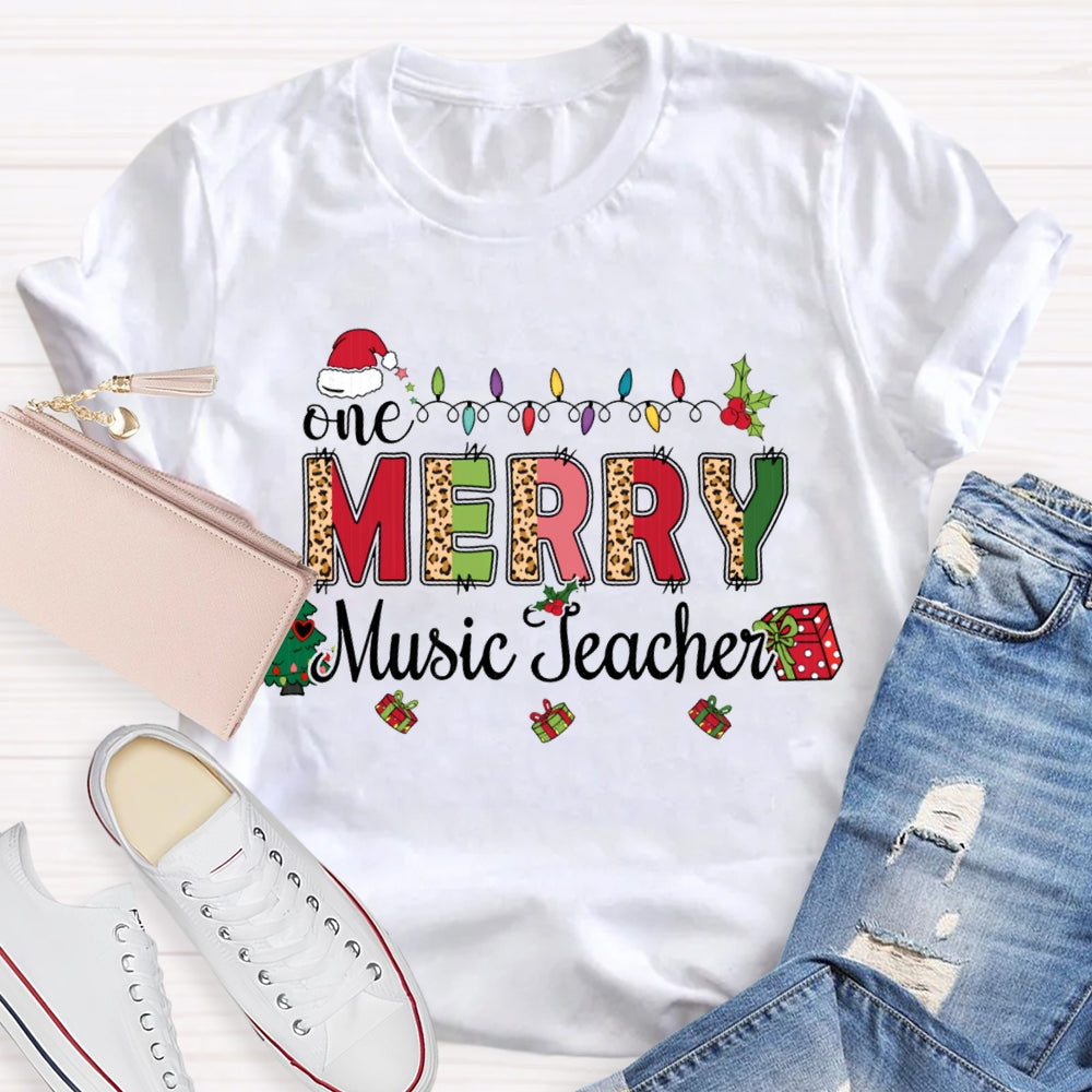 Merry Music Teacher Christmas Lights And Colorful Leopard Print Font T-shirt