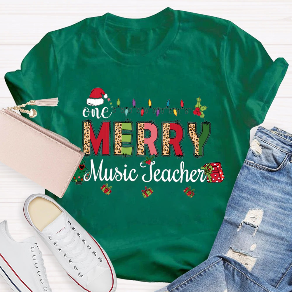 Merry Music Teacher Christmas Lights And Colorful Leopard Print Font T-shirt