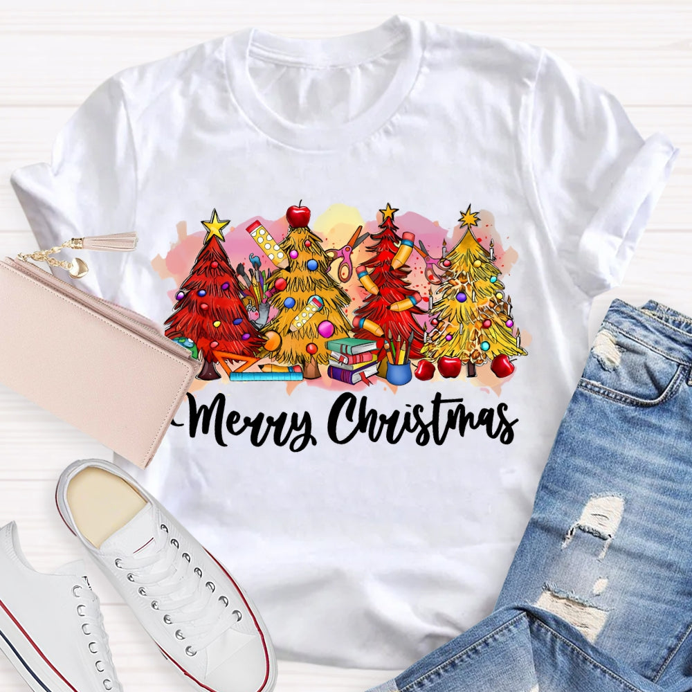 Merry Christmas Colorful Christmas Tree Print T-shirt