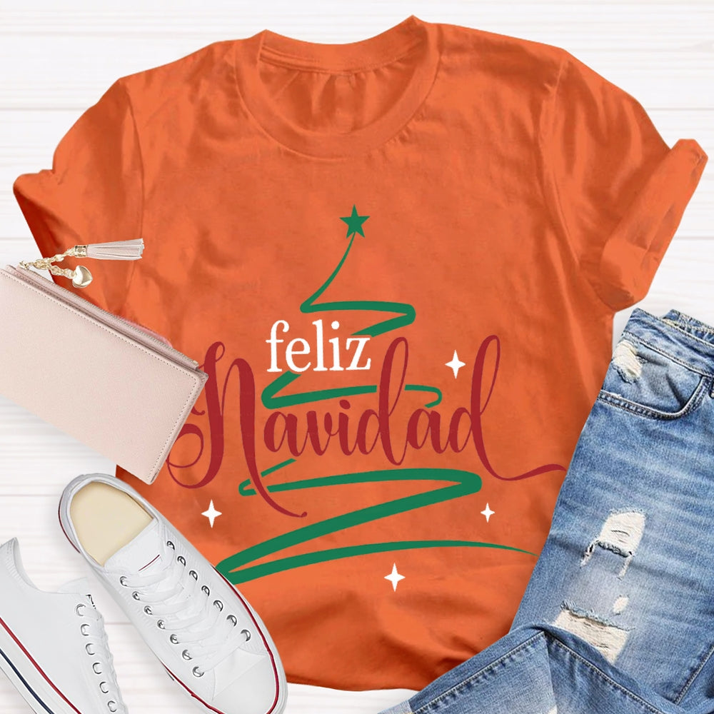 Feliz Navidad Colorful Font Christmas Tree Bilingual T-shirt
