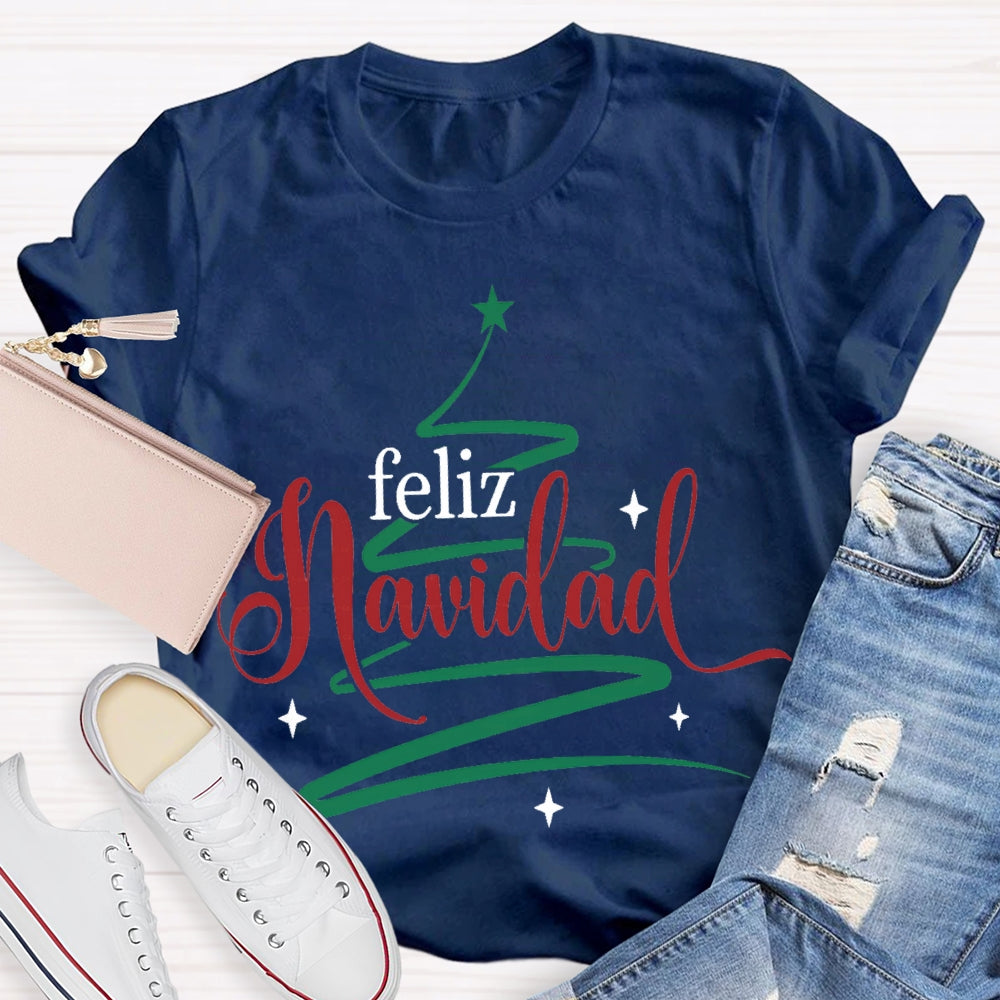 Feliz Navidad Colorful Font Christmas Tree Bilingual T-shirt