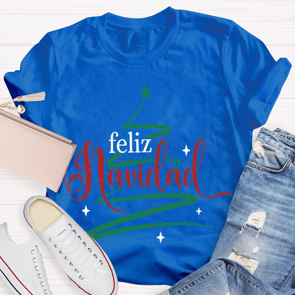 Feliz Navidad Colorful Font Christmas Tree Bilingual T-shirt