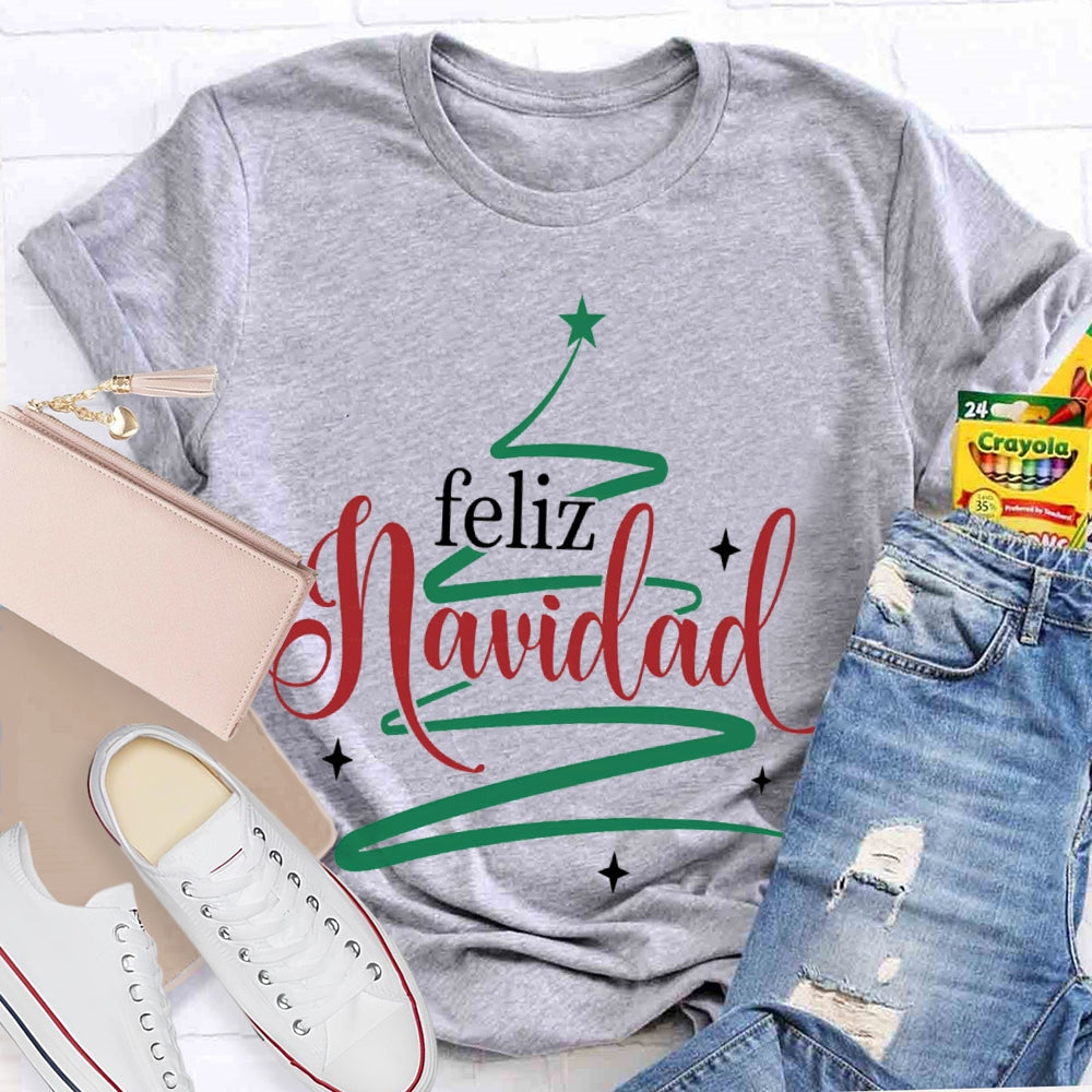 Feliz Navidad Colorful Font Christmas Tree Bilingual T-shirt