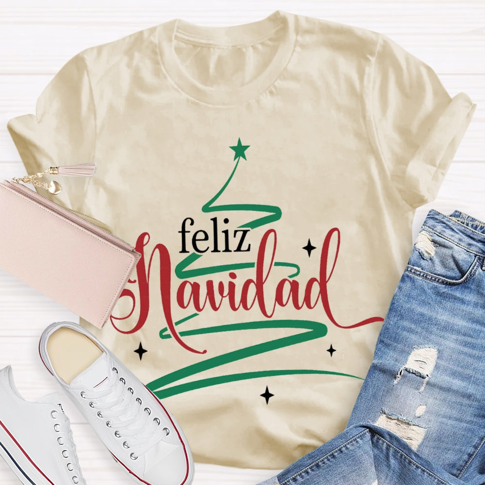 Feliz Navidad Colorful Font Christmas Tree Bilingual T-shirt