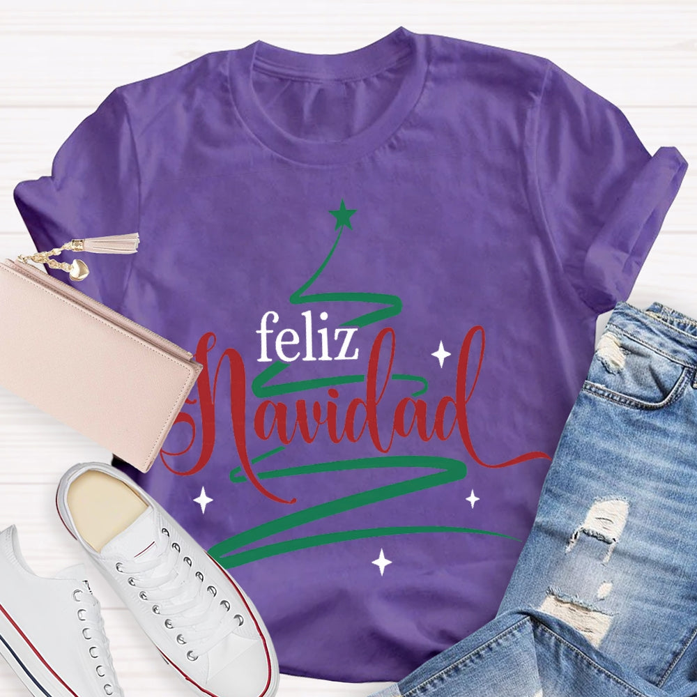 Feliz Navidad Colorful Font Christmas Tree Bilingual T-shirt