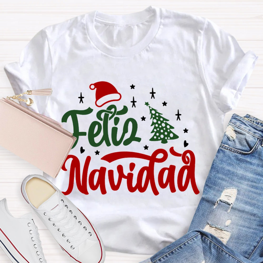 Feliz Navidad Santa Hat And Christmas Tree Bilingual T-shirt