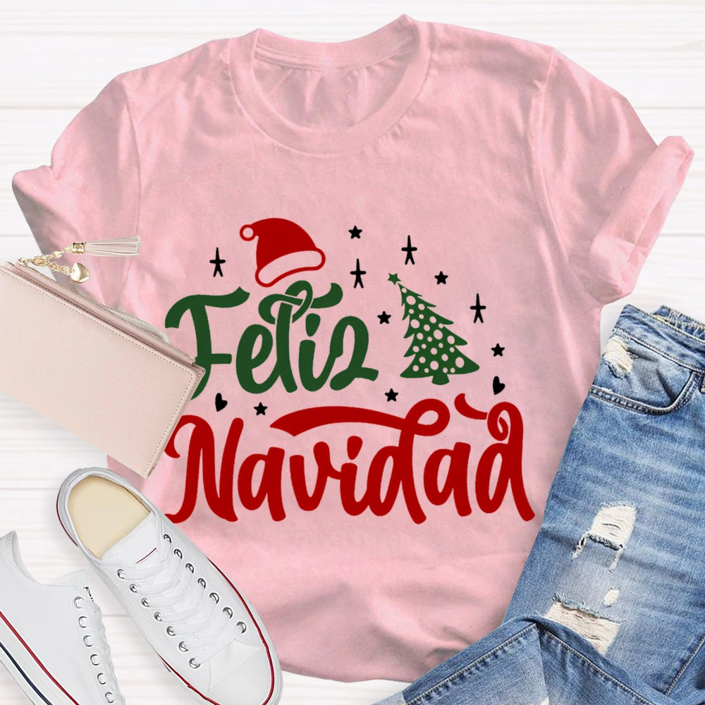 Feliz Navidad Santa Hat And Christmas Tree Bilingual T-shirt