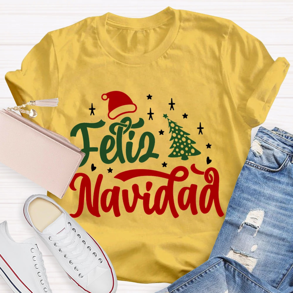 Feliz Navidad Santa Hat And Christmas Tree Bilingual T-shirt