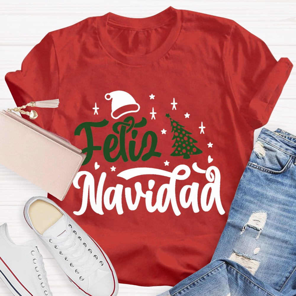Feliz Navidad Santa Hat And Christmas Tree Bilingual T-shirt