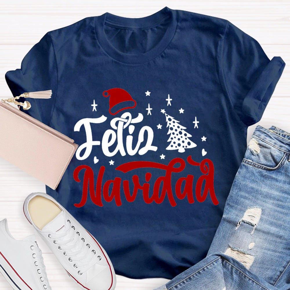 Feliz Navidad Santa Hat And Christmas Tree Bilingual T-shirt