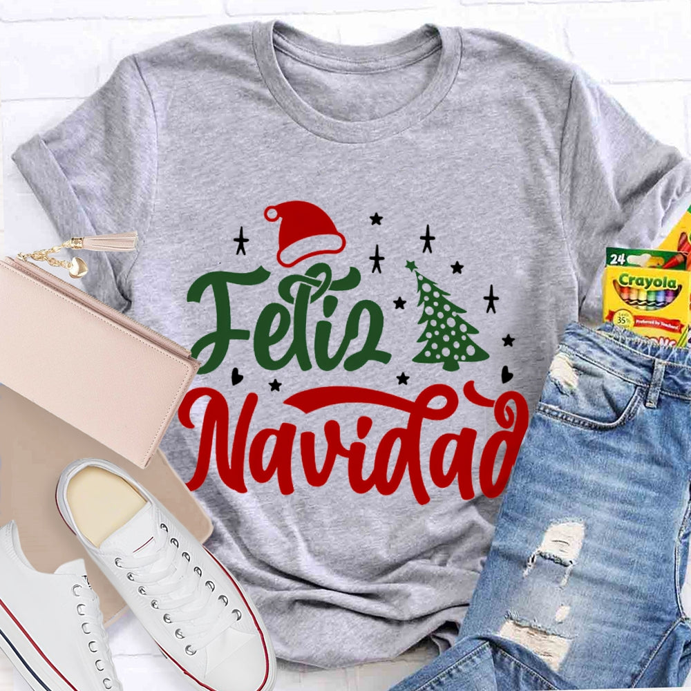 Feliz Navidad Santa Hat And Christmas Tree Bilingual T-shirt