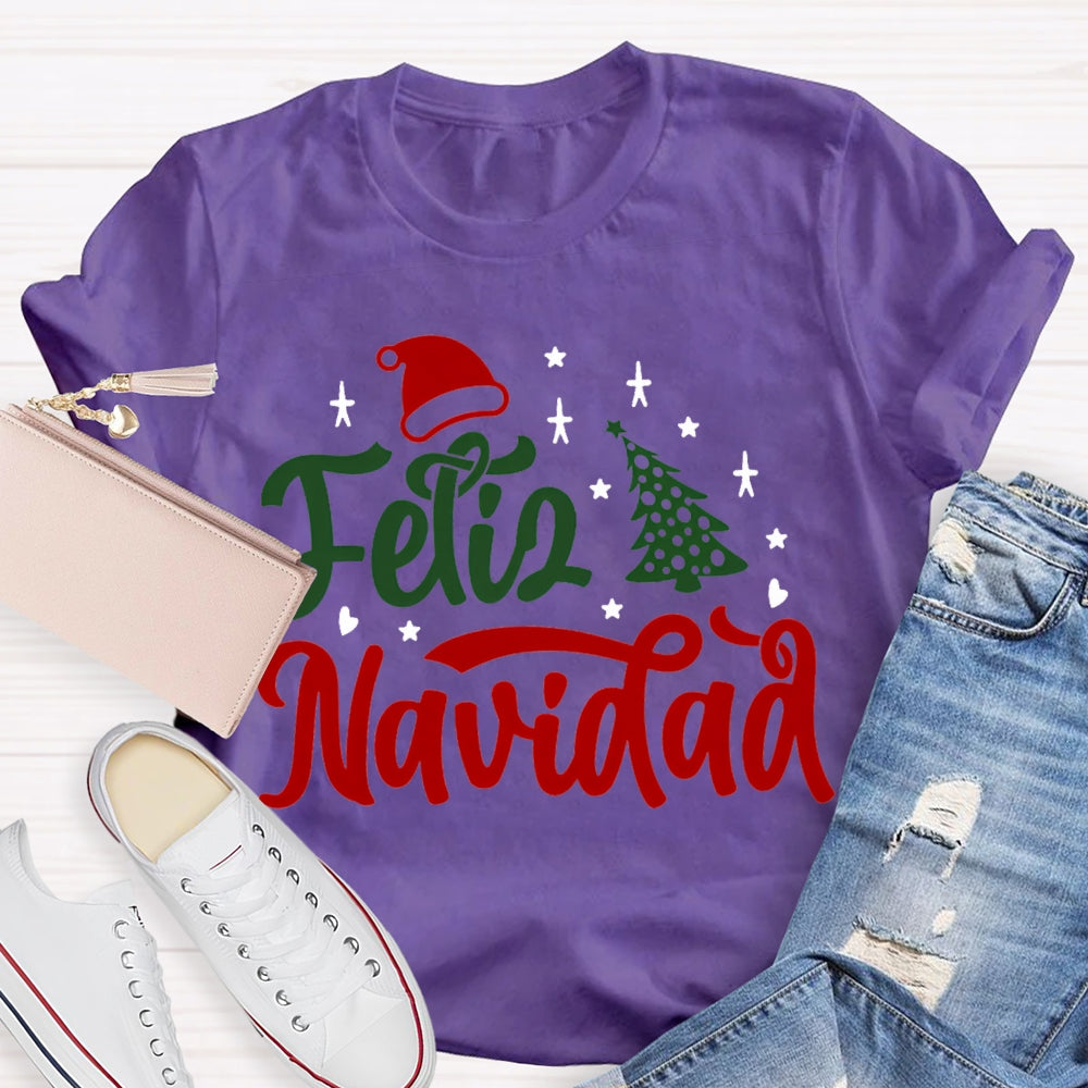 Feliz Navidad Santa Hat And Christmas Tree Bilingual T-shirt