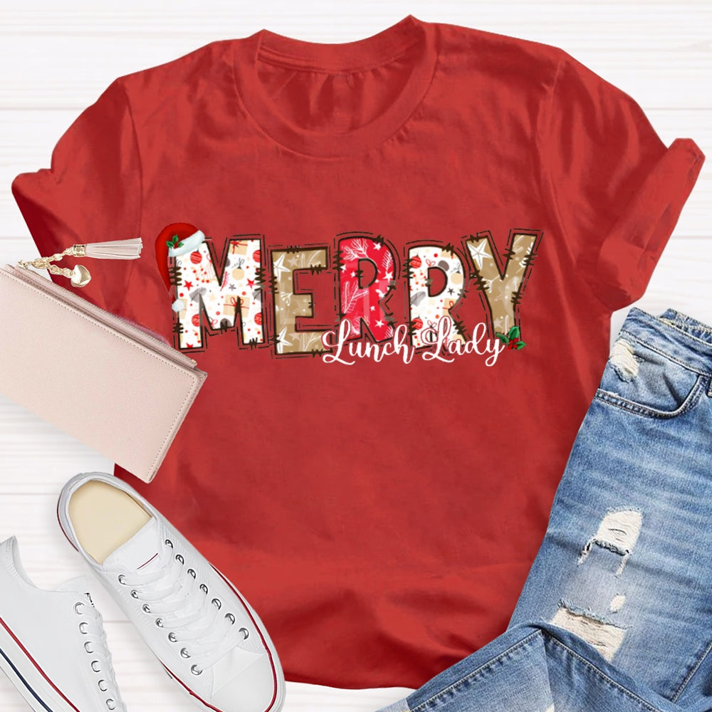 Merry Lunch Lady Santa Hat And Christmas Vibes Fonts T-shirt