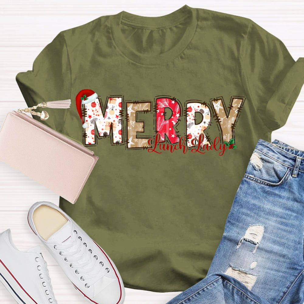 Merry Lunch Lady Santa Hat And Christmas Vibes Fonts T-shirt