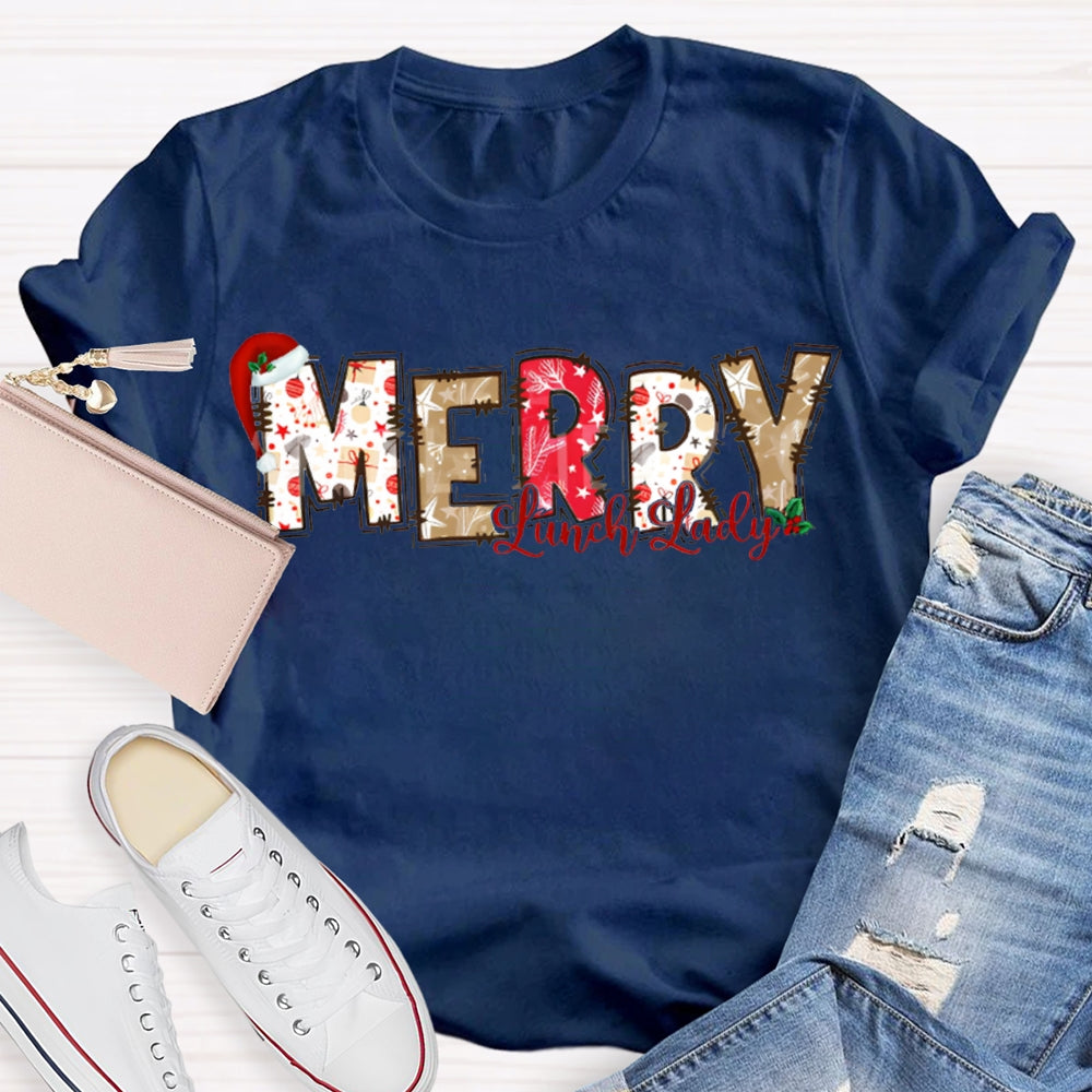Merry Lunch Lady Santa Hat And Christmas Vibes Fonts T-shirt