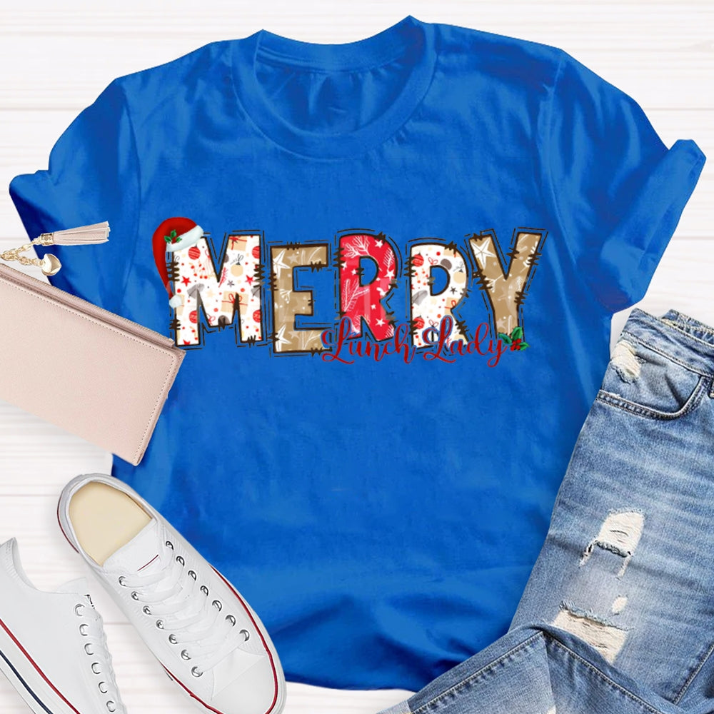 Merry Lunch Lady Santa Hat And Christmas Vibes Fonts T-shirt