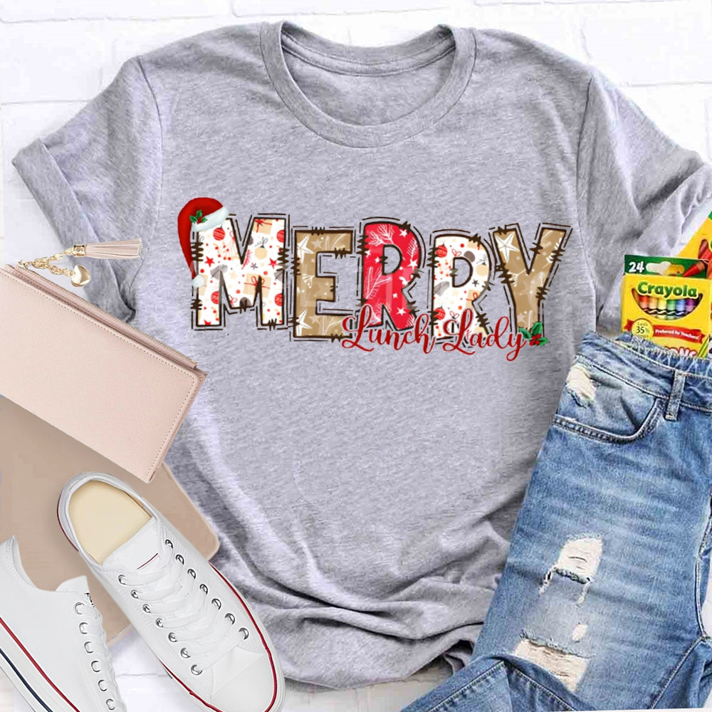 Merry Lunch Lady Santa Hat And Christmas Vibes Fonts T-shirt