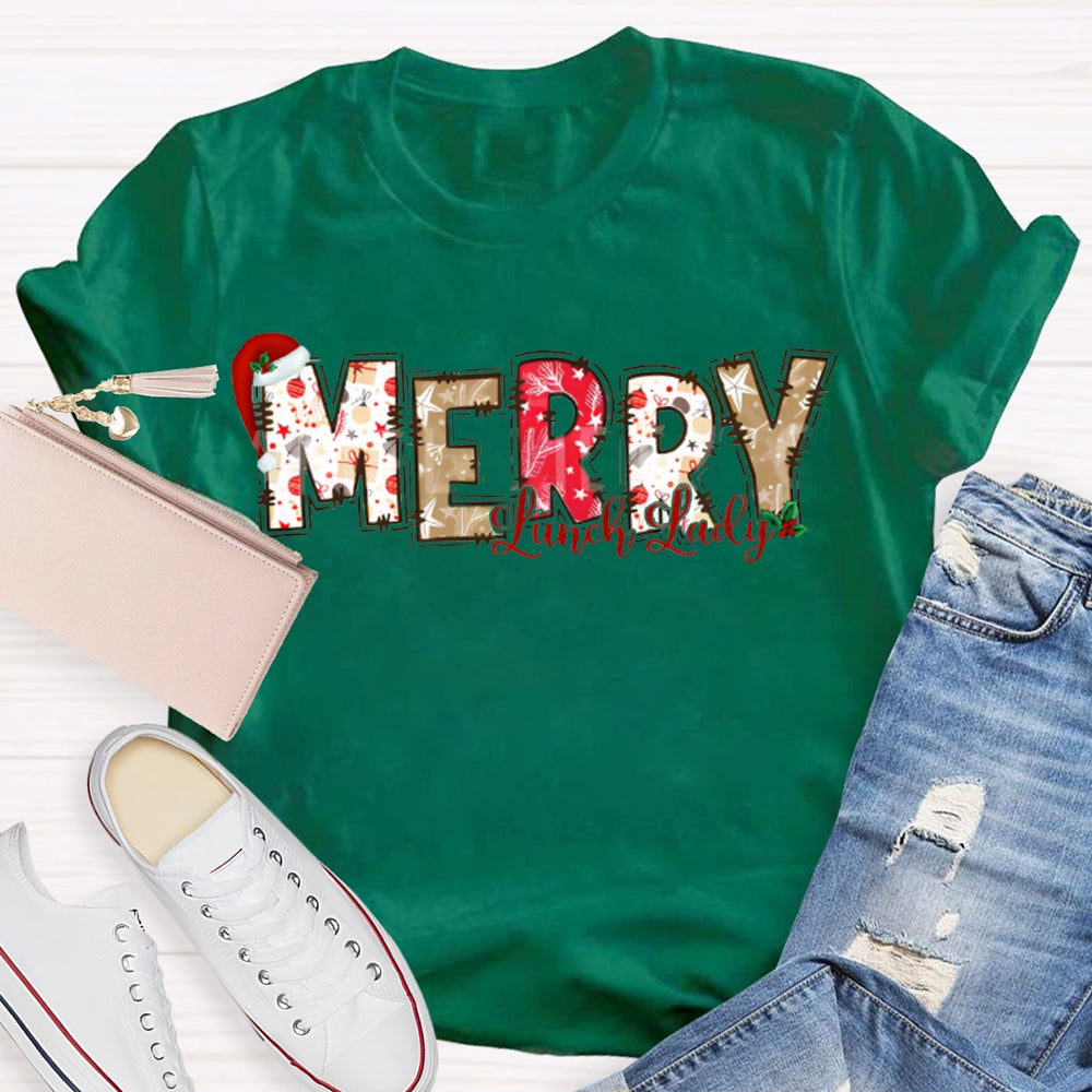 Merry Lunch Lady Santa Hat And Christmas Vibes Fonts T-shirt