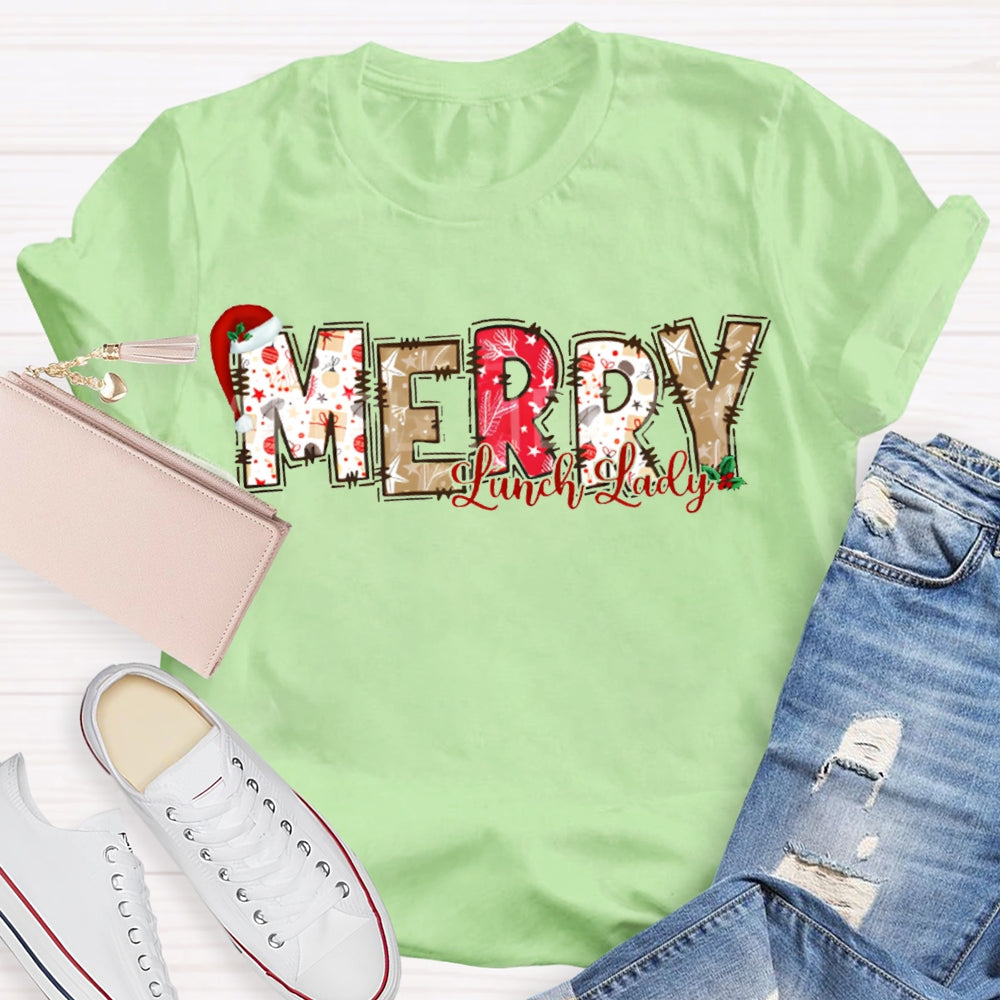 Merry Lunch Lady Santa Hat And Christmas Vibes Fonts T-shirt