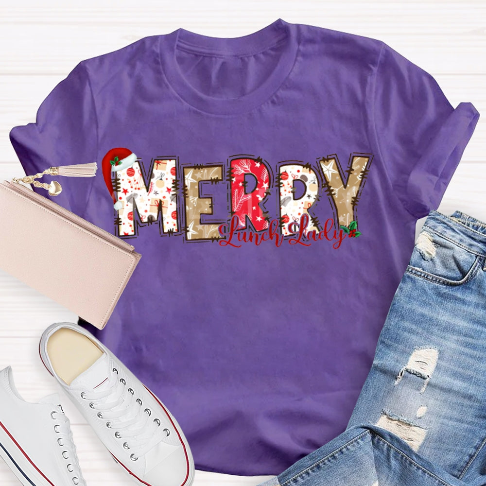 Merry Lunch Lady Santa Hat And Christmas Vibes Fonts T-shirt